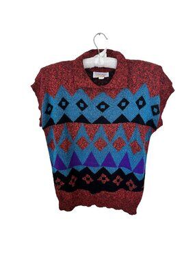Vtg Womens Knit Sweater 1980s Red Blue Geometric Pullover Short Sleeve Collar